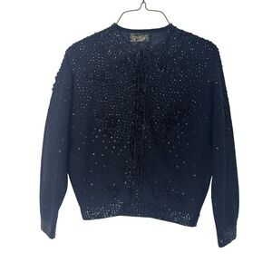 Universal Vintage Black Beaded Sequin Wool Angora Cardigan Sweater SMALL‎